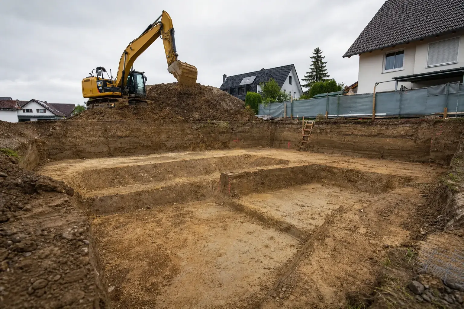 Bagger bei Erdarbeiten auf einem Grundstück